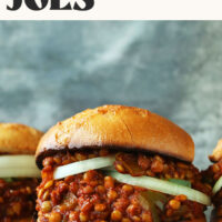Lentil sloppy joes on a wood plank
