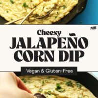 Overhead and angled views of a skillet of our vegan and gluten-free Cheesy Jalapeño Corn Dip