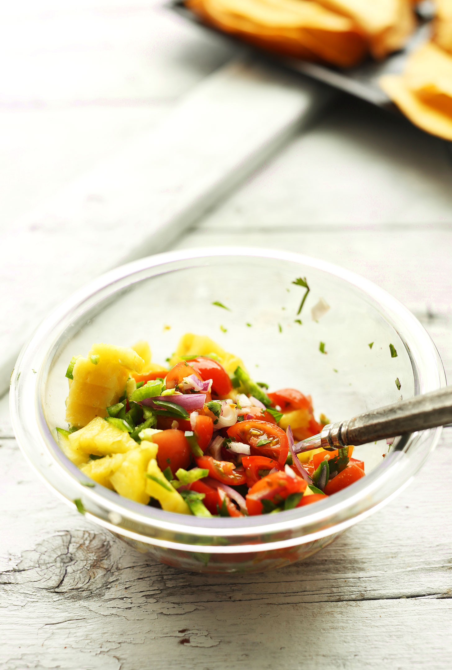 Bowl with ingredients for our homemade Pineapple Salsa