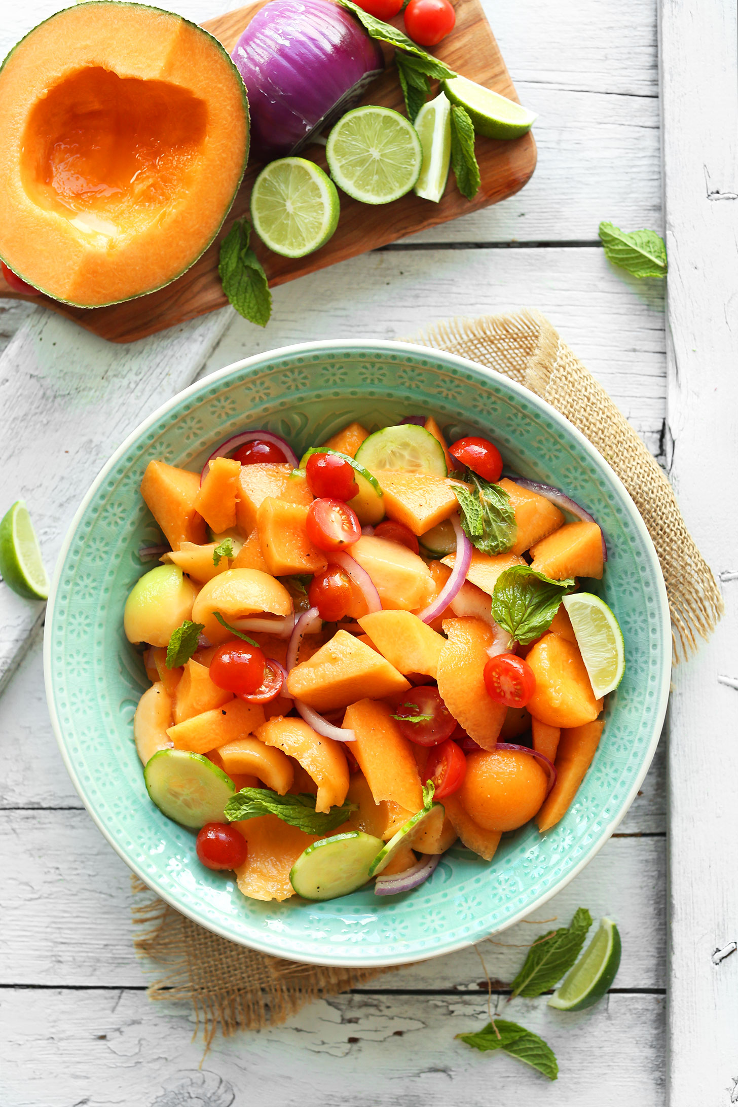 A big bowl of our Summer Tomato, Cucumber Cantaloupe Salad