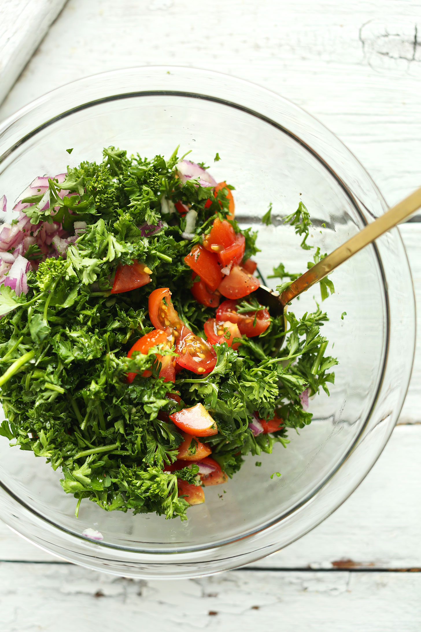 Making parsley salad for our Chickpea Shawarma Dip recipe