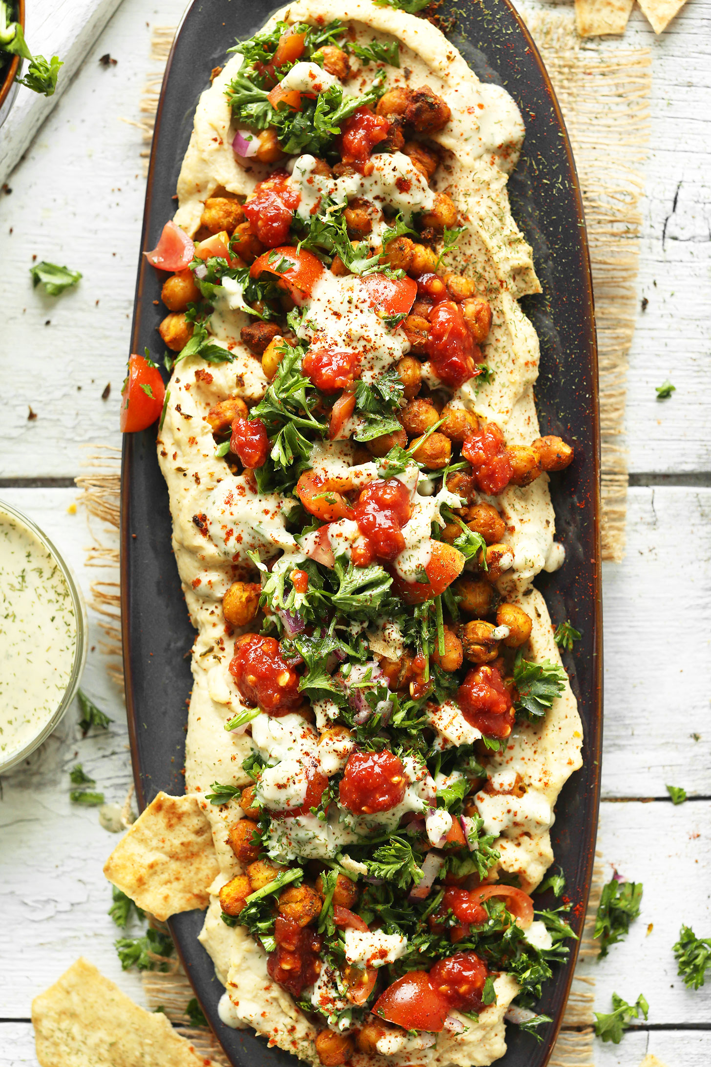 Platter filled with gluten-free vegan Chickpea Shawarma Dip
