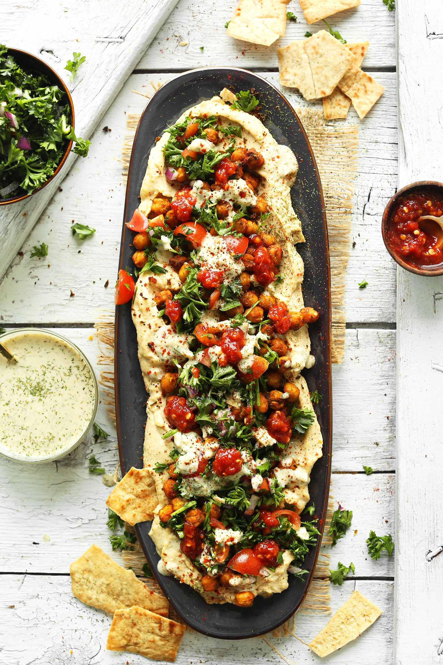 Platter of our delicious gluten-free vegan Chickpea Shawarma Dip