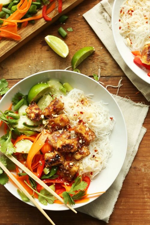 Vegan gluten-free Thai Noodle Bowls with Crispy Almond Butter Tofu