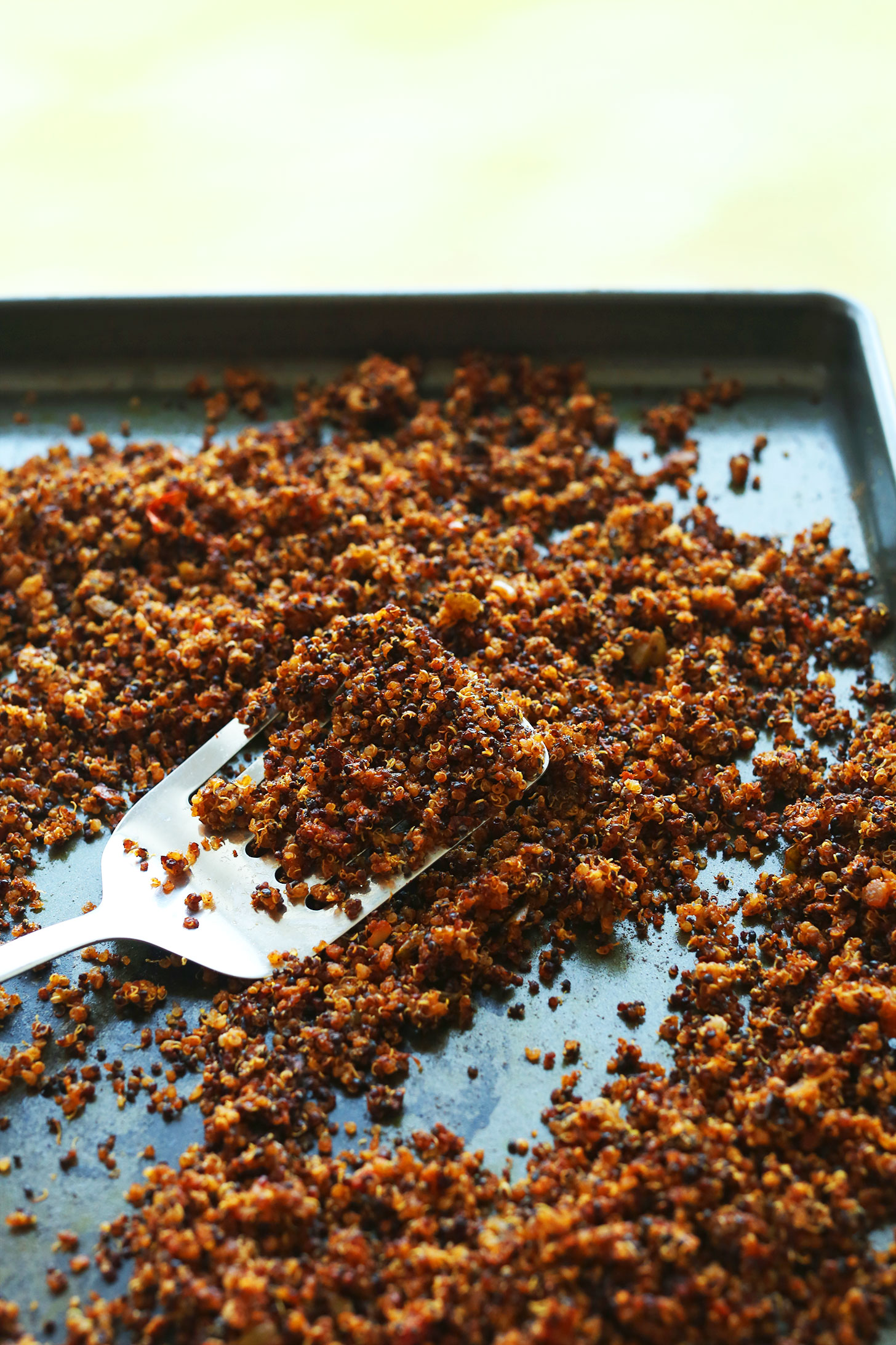 Baking sheet with freshly baked crispy Mexican Vegan Taco Meat