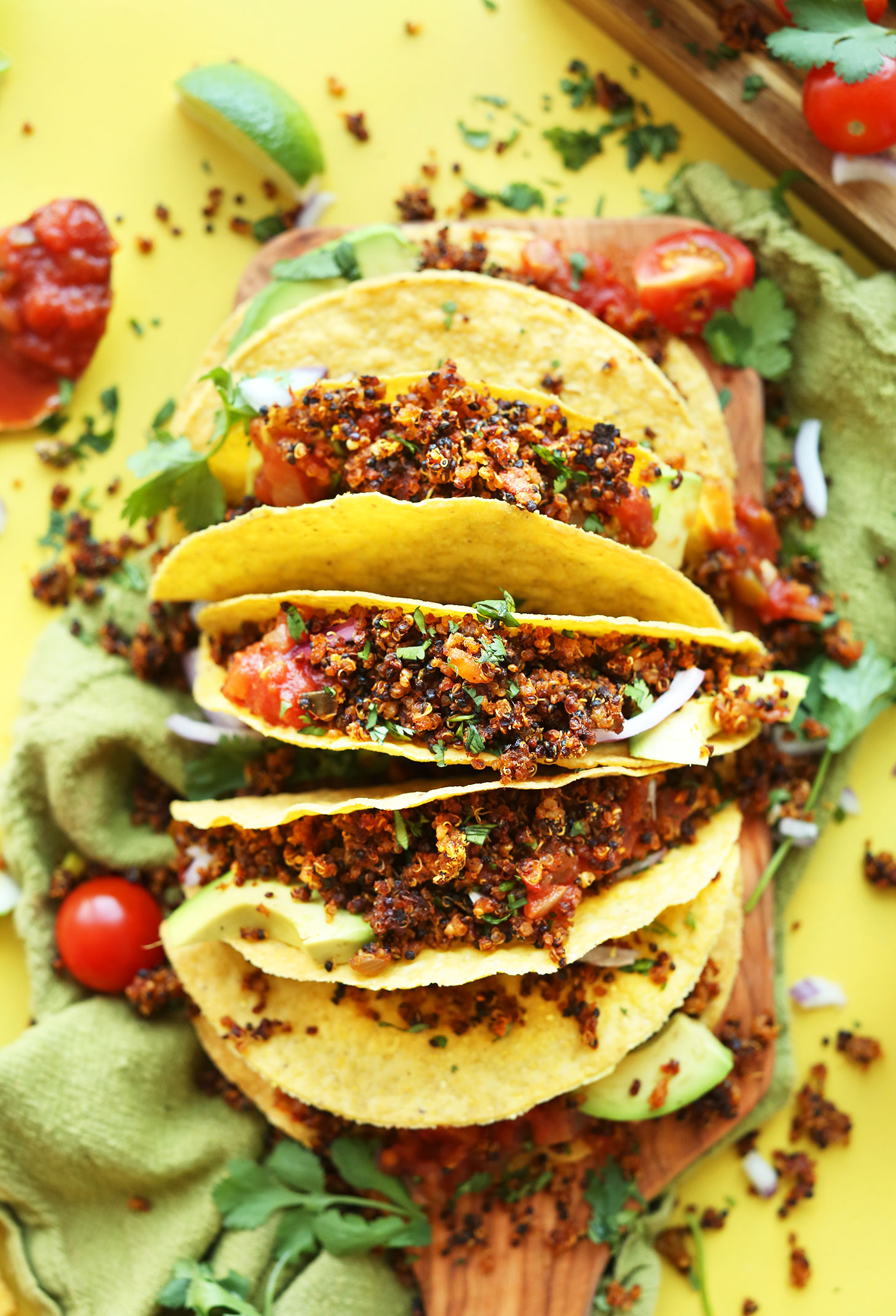 Several corn tortillas with Easy Quinoa Taco Meat for a healthy gluten-free vegan meal