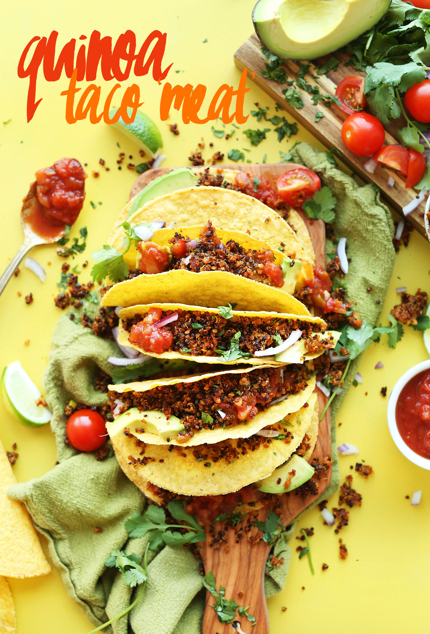 Corn tortillas stuffed with homemade vegan Quinoa Taco Meat for a gluten-free plant-based meal