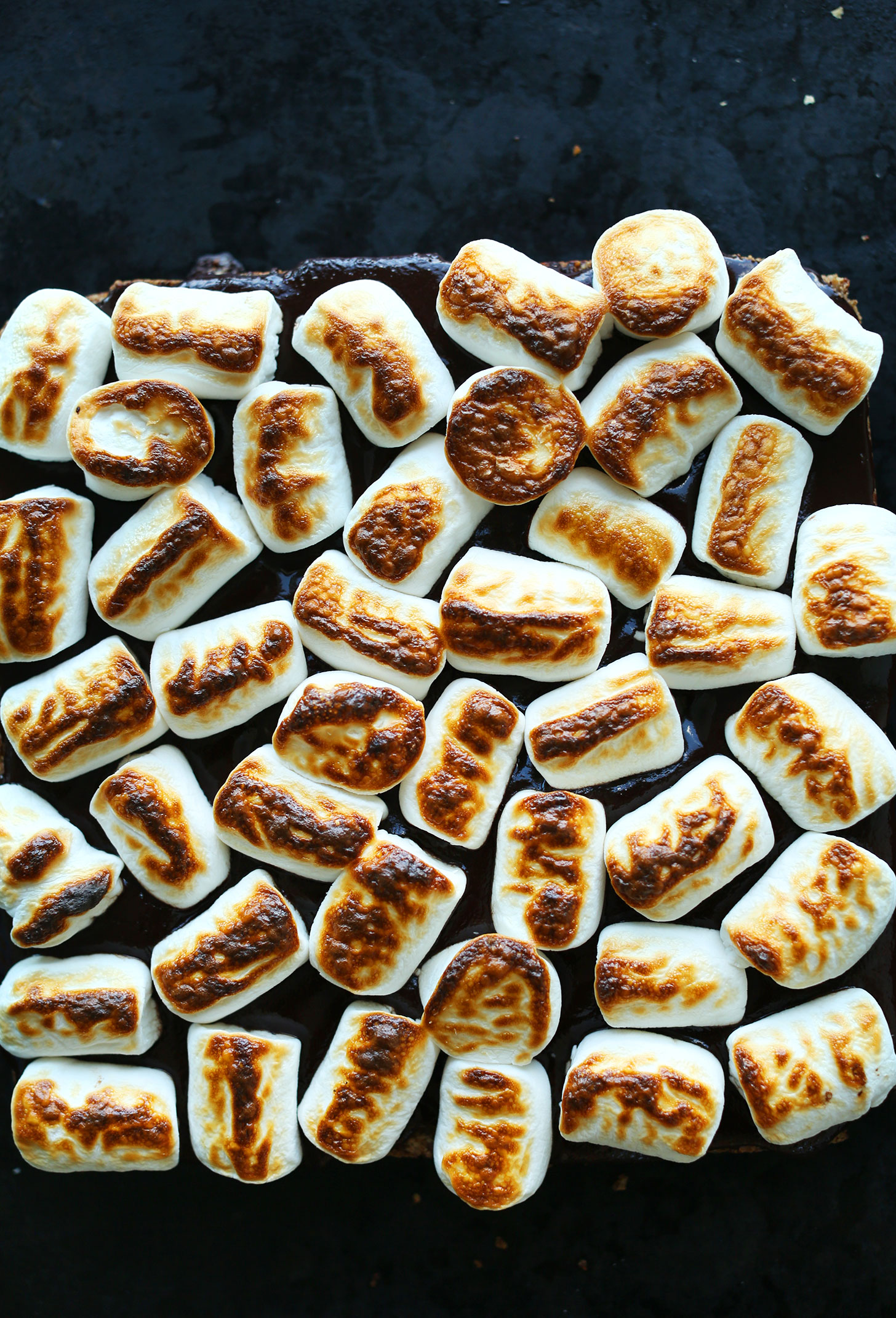 Vegan GF S'Mores Bars topped with freshly toasted marshmallows