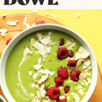 Overhead photo of a vegan matcha green smoothie bowl with text above it that says just 4 ingredients
