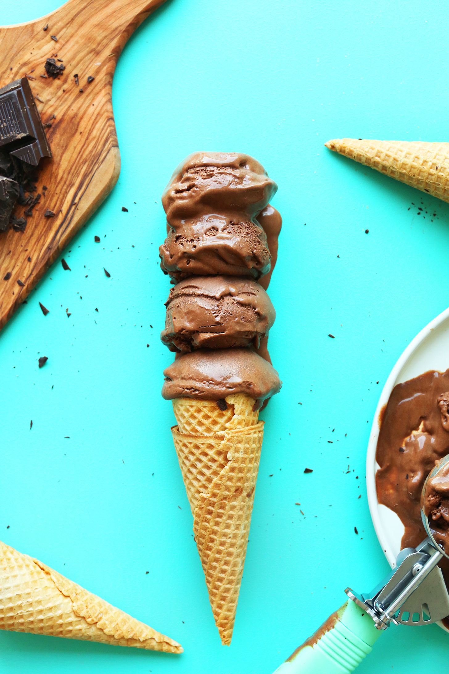 Cone topped with scoops of our amazing vegan chocolate ice cream recipe