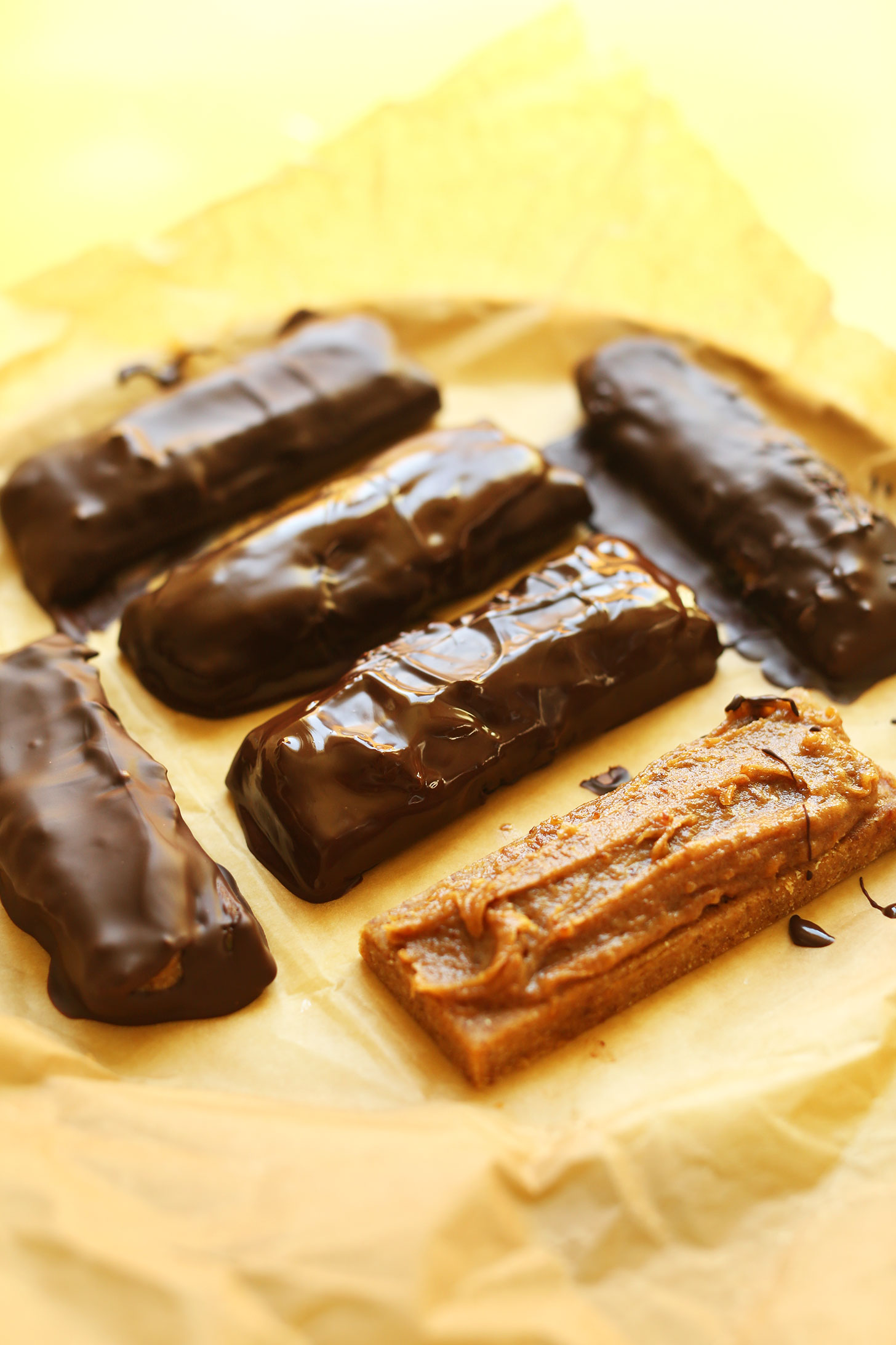 Adding the chocolate layer to our homemade gluten-free vegan Milky Ways