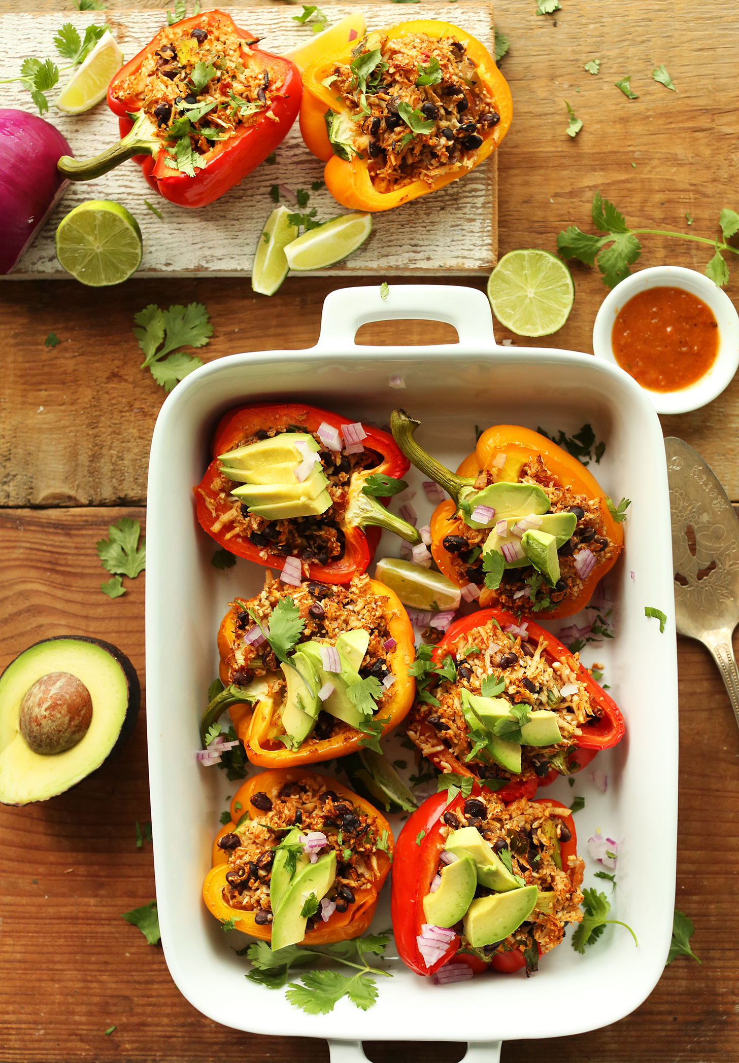 Freshly baked Cauliflower Rice Stuffed Peppers for a fiber- and protein- rich plant-based meal