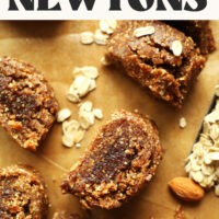 Homemade fig newtons next to oats and almonds with text above them saying naturally sweetened and healthy