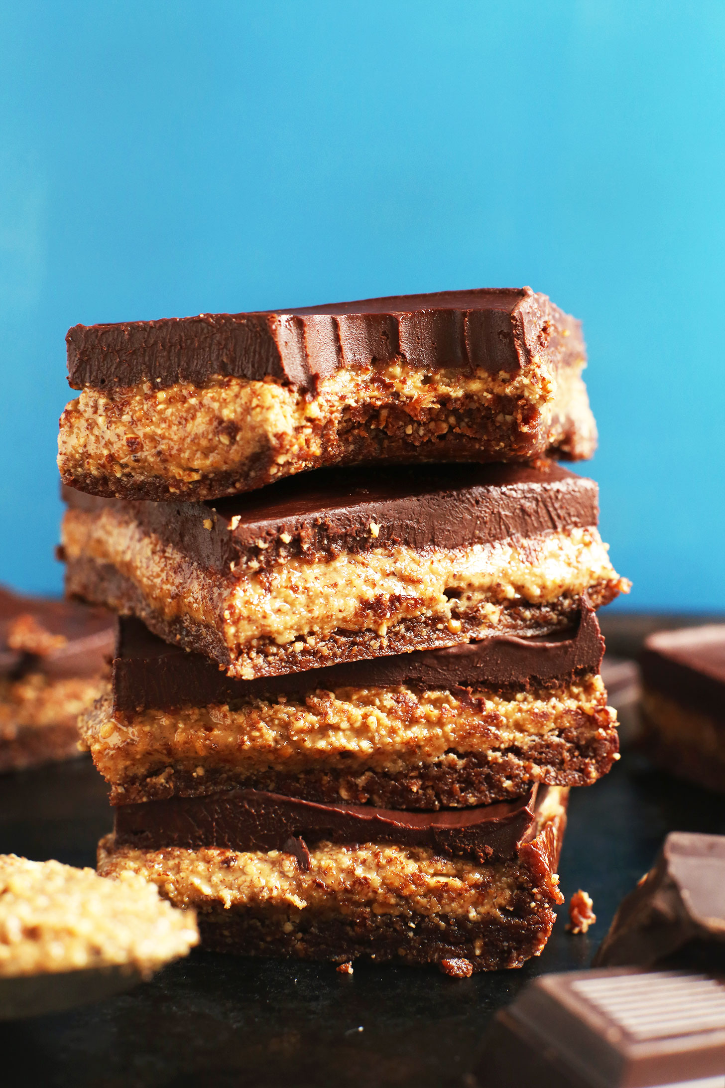 Stack of homemade Almond Butter Cup Bars for a gluten-free vegan desert