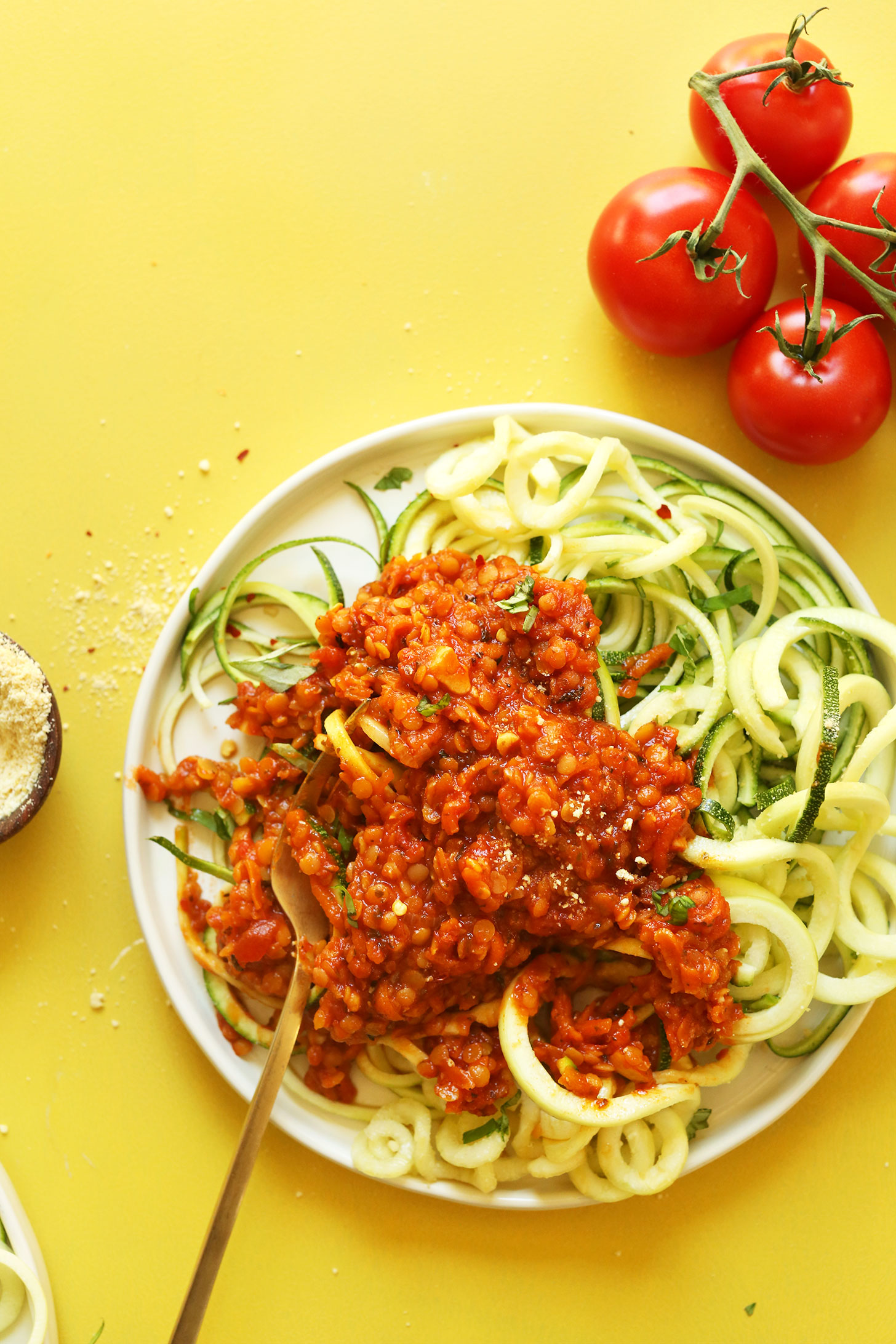 Plate of our hearty and healthy Zucchini Pasta with Vegan Lentil Bolognese