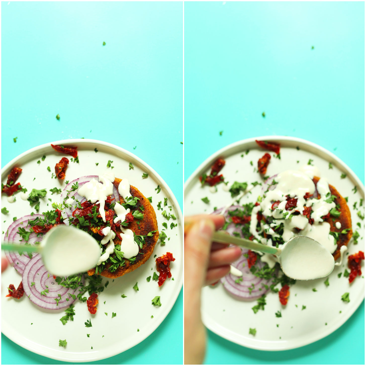 Drizzling tahini sauce on vegan falafel
