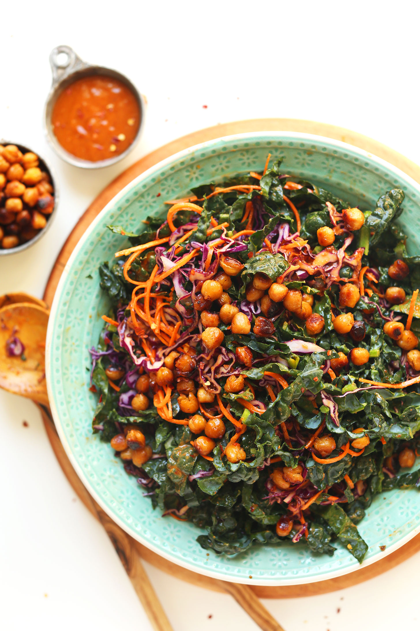 Big plate of gluten-free vegan Kale Salad with Crispy MISO Chickpeas