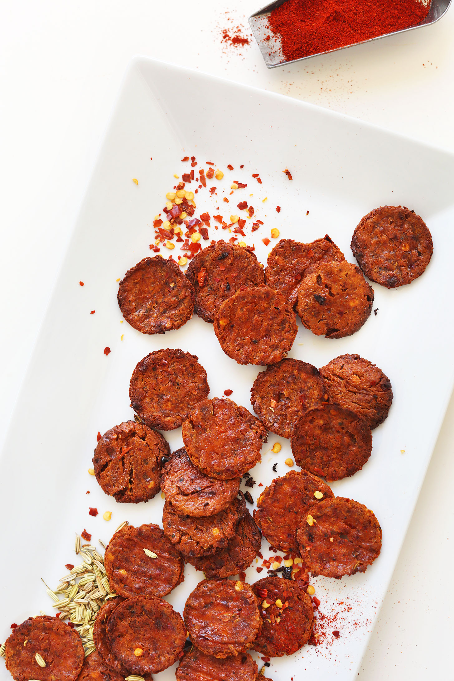 Plate of our homemade gluten-free vegan Pepperoni slices