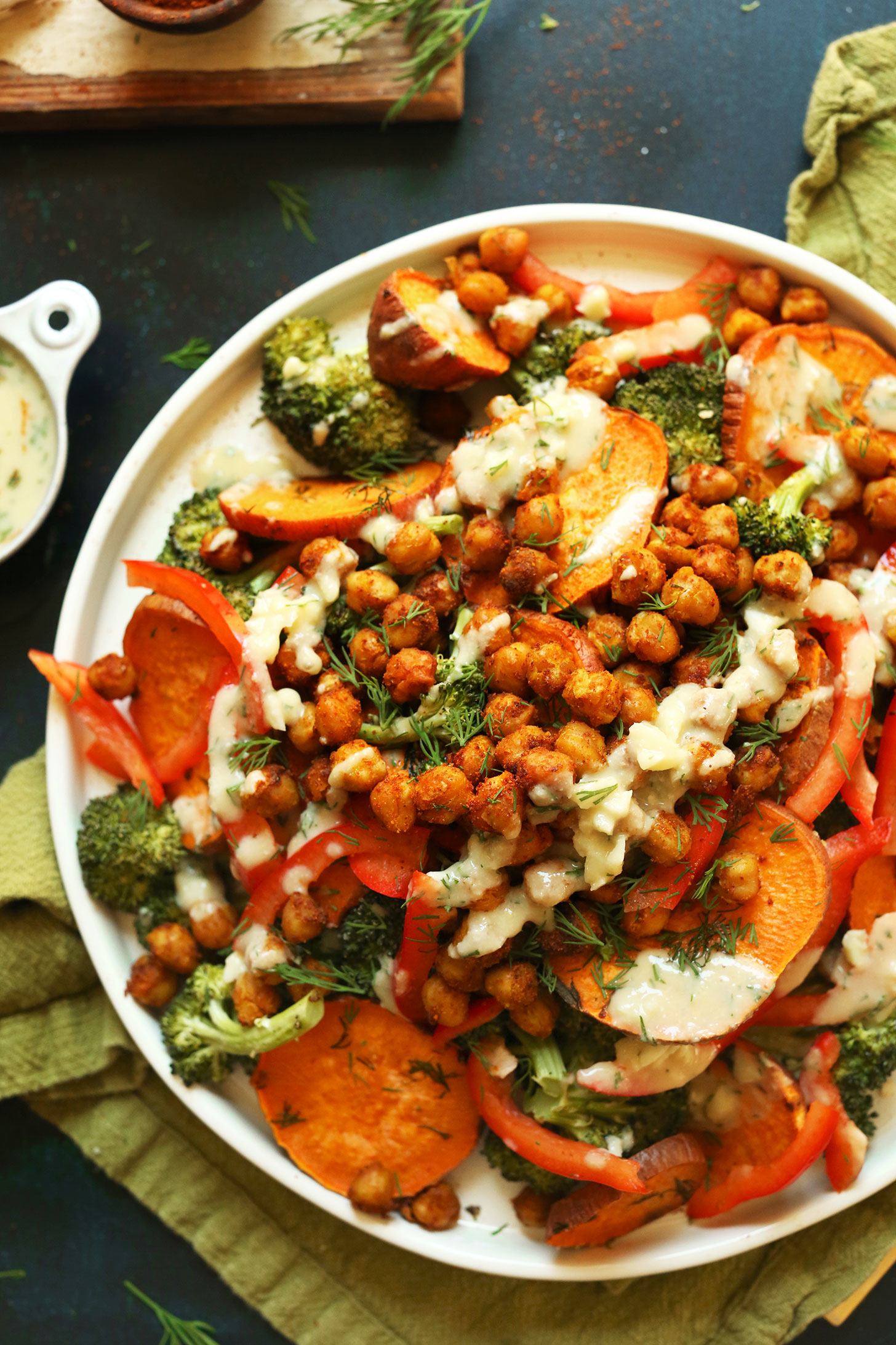 Big serving of our Broccoli Sweet Potato Chickpea Salad recipe for a plant-based meal