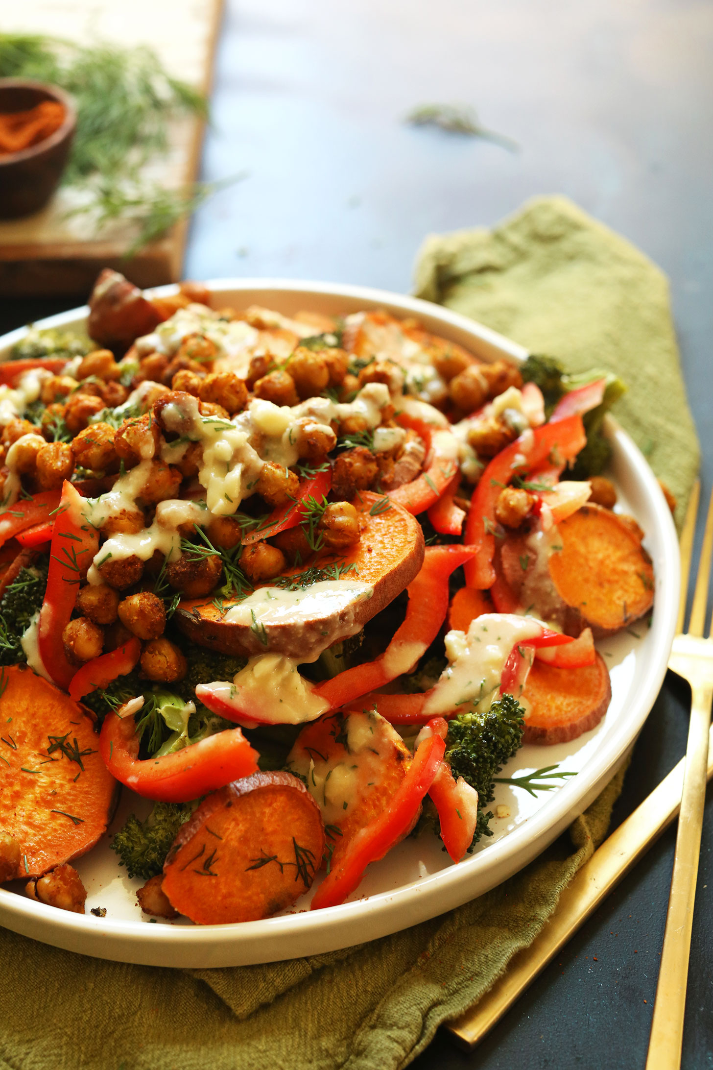 Close up shot of our 30-minute Broccoli Sweet Potato Chickpea Salad for a weeknight vegan meal