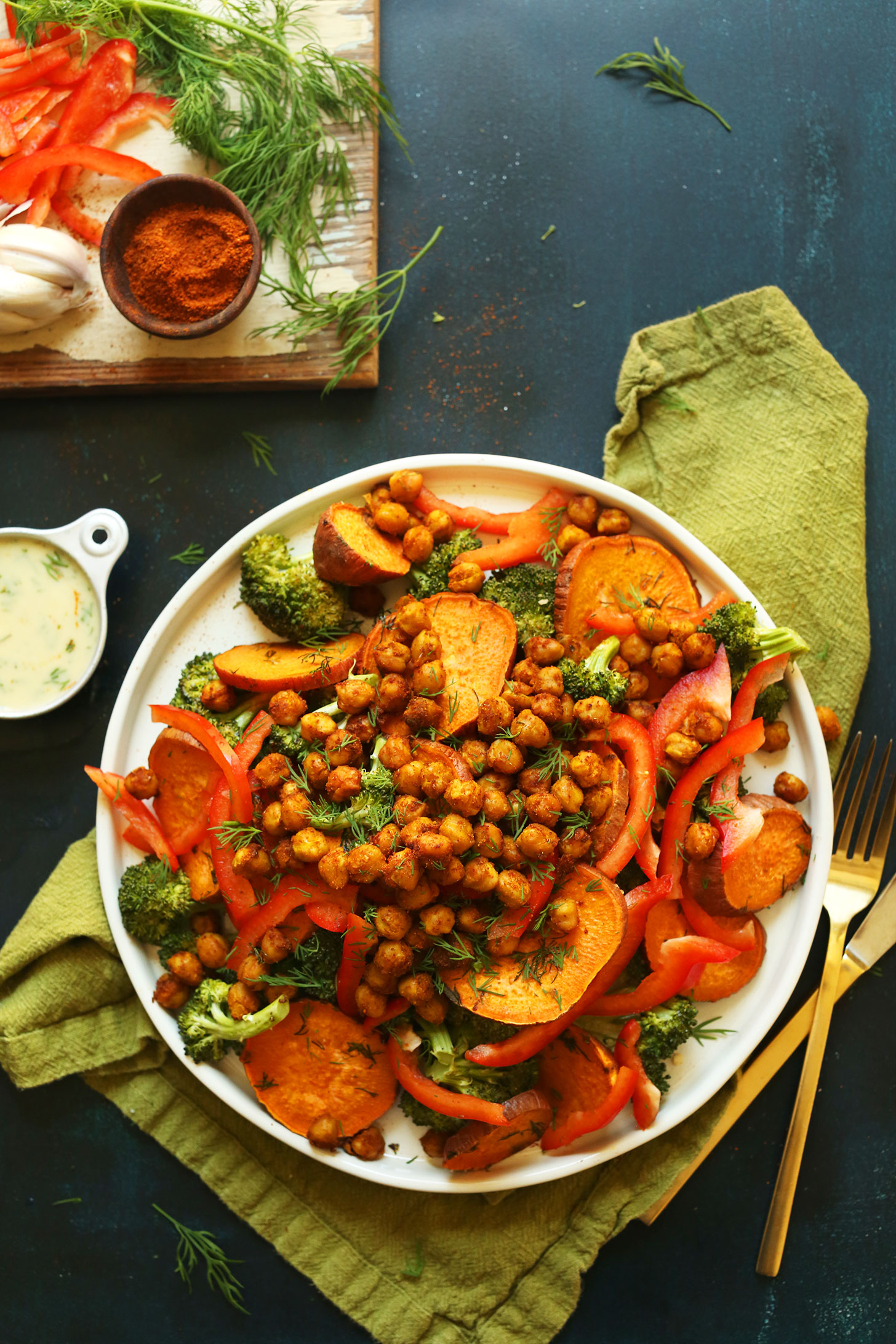 A big serving of our Savory Broccoli Sweet Potato Chickpea Salad for a gluten-free plant-based meal