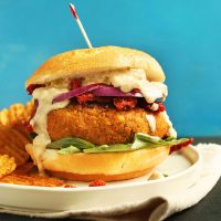 Plate of potato chips and a Vegan Sun-Dried Tomato Chickpea Burger on a bun with toppings