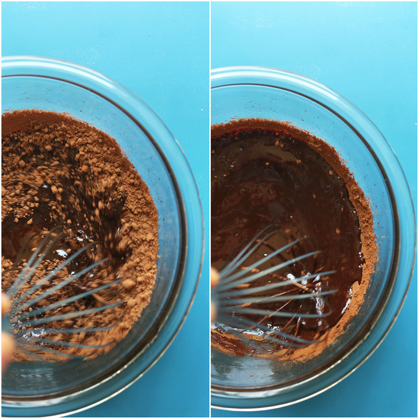 Whisking cocoa powder into other ingredients for making our Tahini-Stuffed Dates recipe