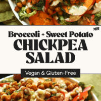 Photos of our Roasted Sweet Potato Chickpea Salad at two different angles with text between the photos that says vegan and gluten-free