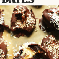 Tahini-Stuffed Dates on a parchment-lined baking sheet with text above that says easy and no-bake dessert