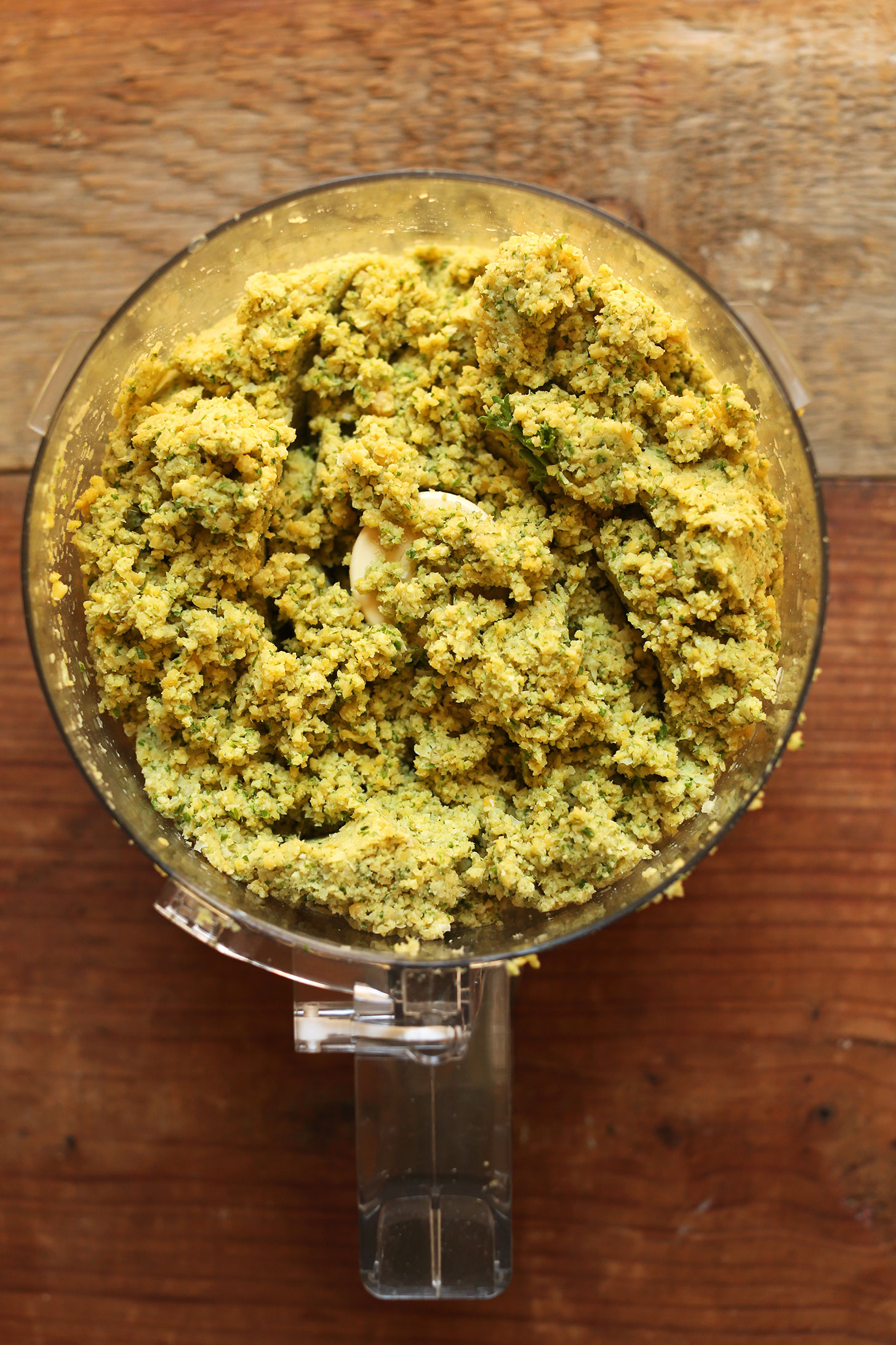 Food processor with freshly mixed gluten-free vegan falafel batter