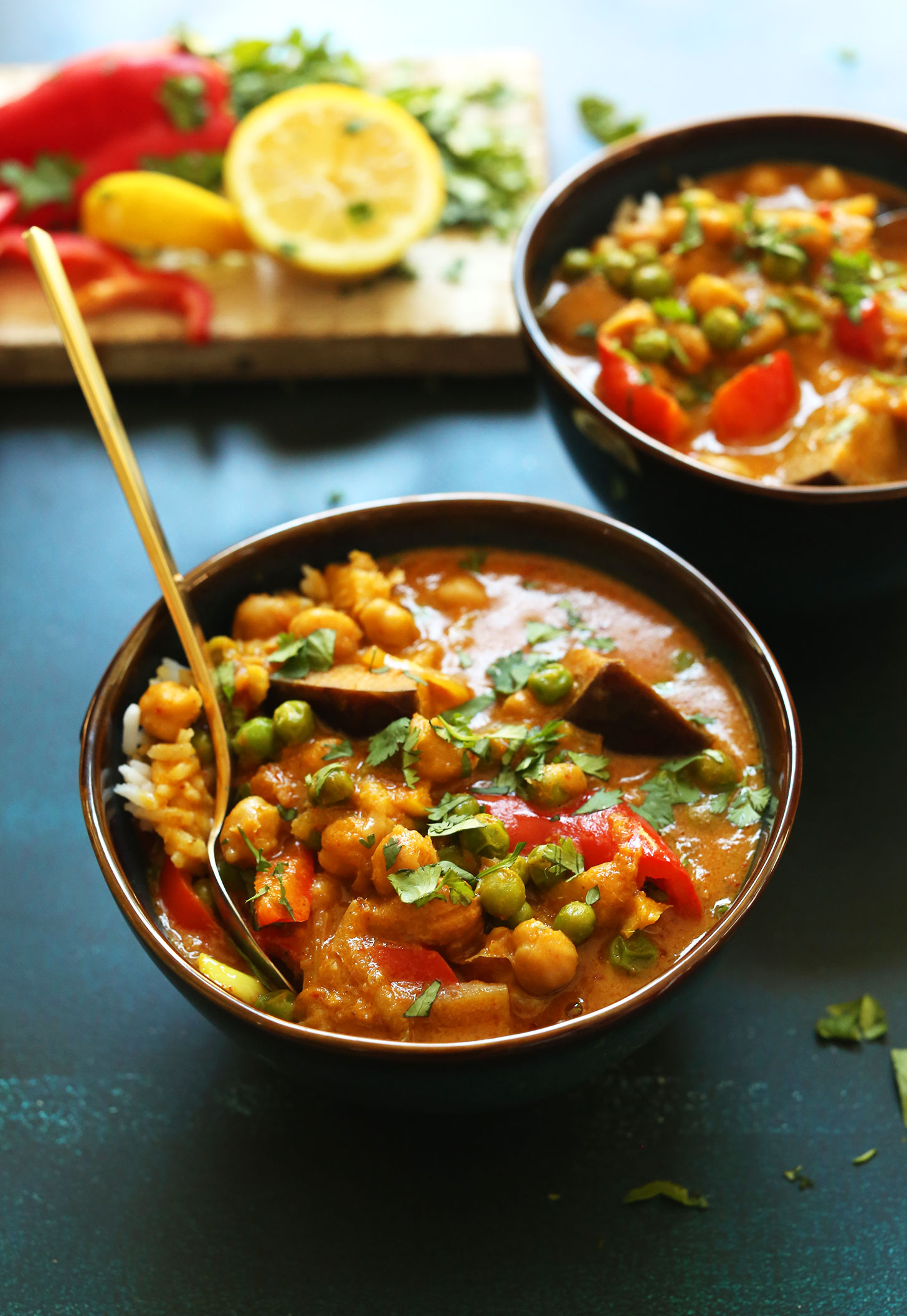 Close up shot showing our veggie-rich Vegetable Coconut Red Chickpea Curry