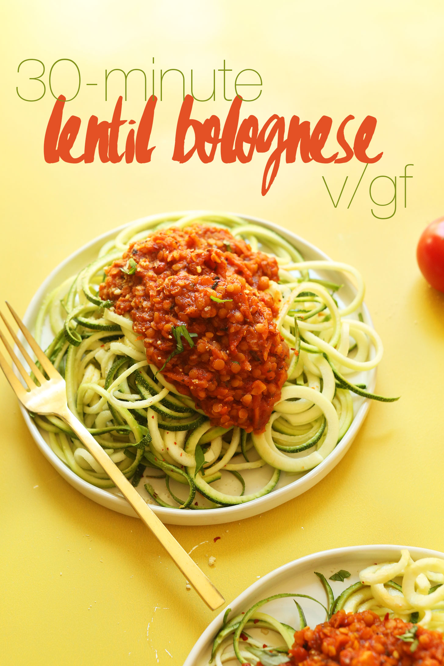 Plates of delicious Zucchini Pasta with Lentil Red Sauce for a healthy, gluten-free vegan weeknight meal