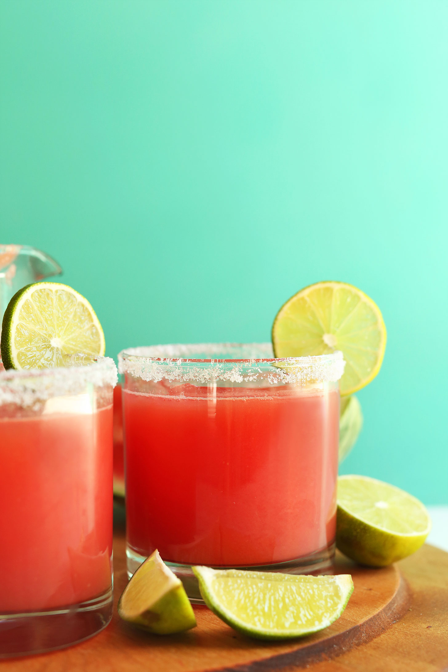 Glasses of our vegan watermelon margaritas for a summer drink recipe