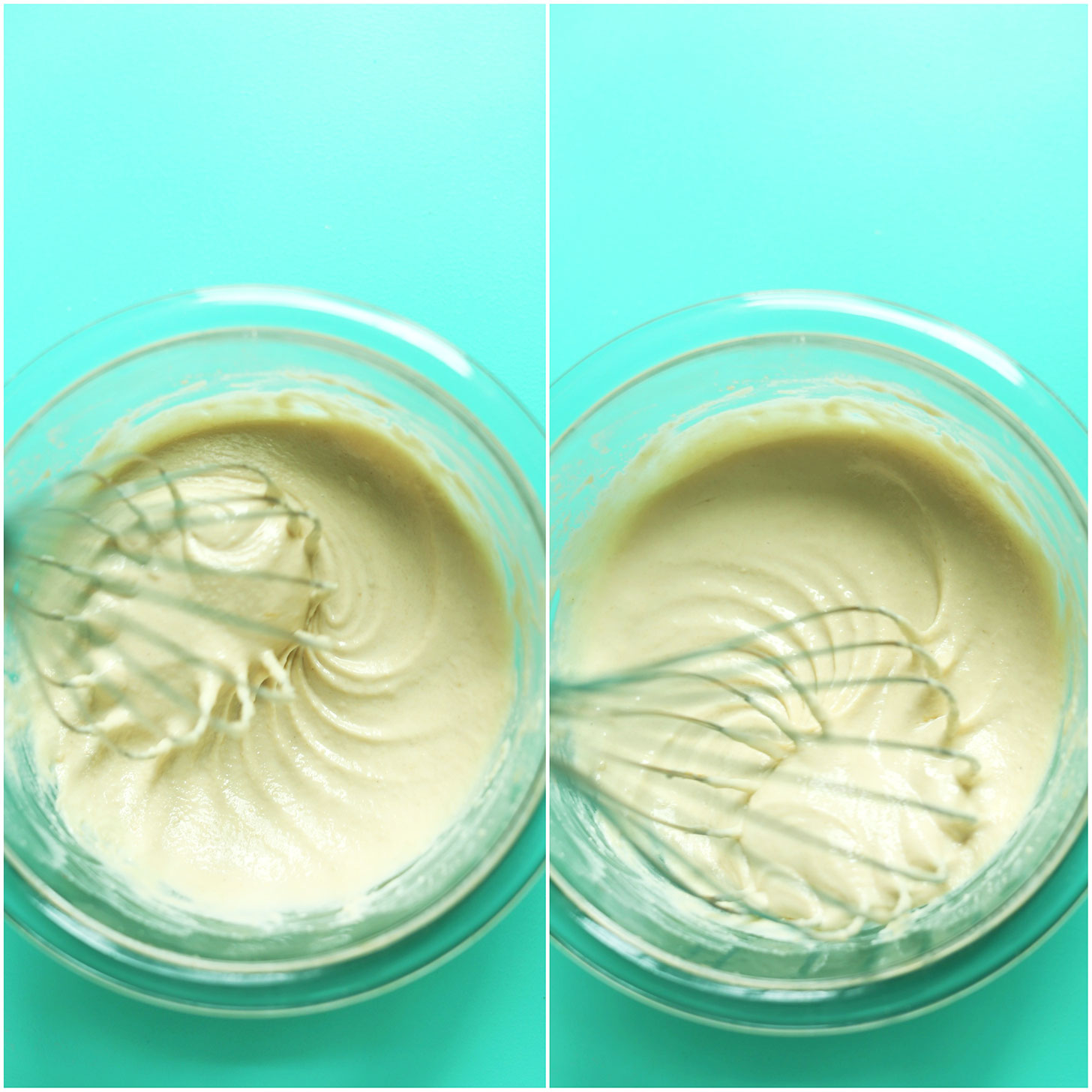 Two photos showing tahini sauce being whisked in a glass bowl