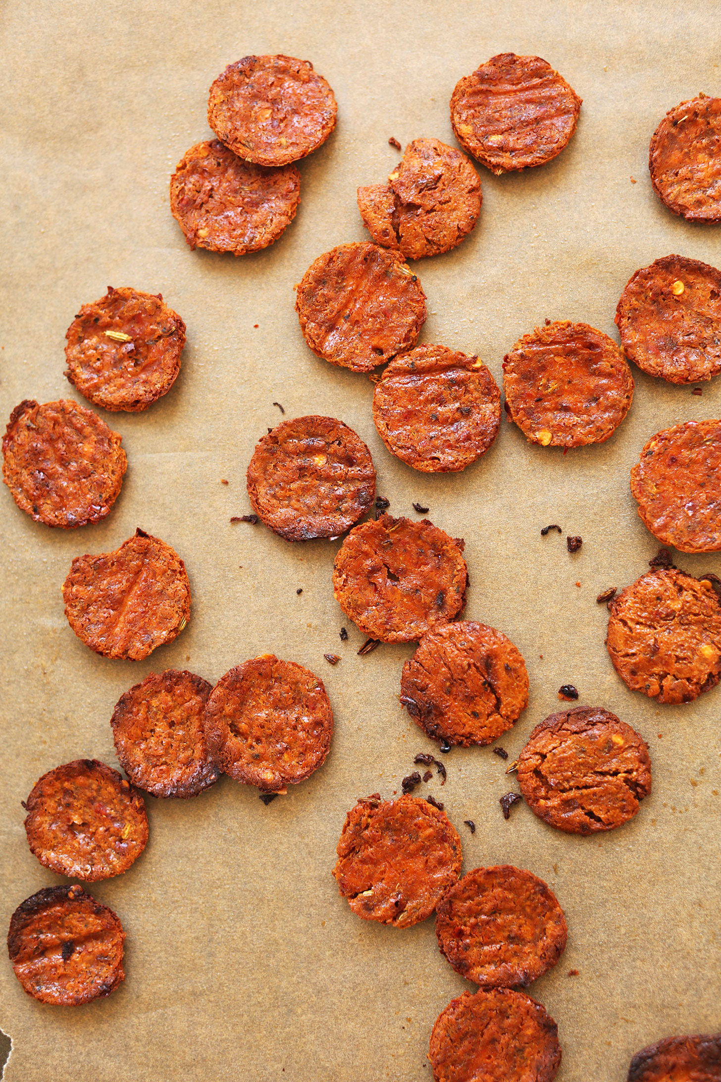 Freshly baked circles of vegan pepperoni
