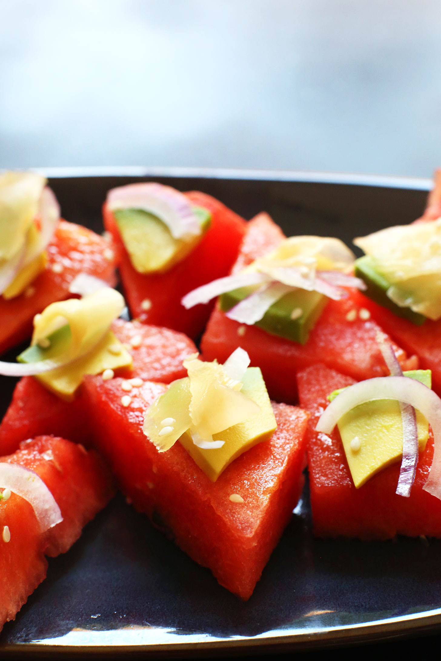 Plate of Watermelon Sashimi slices for a delicious vegan snack