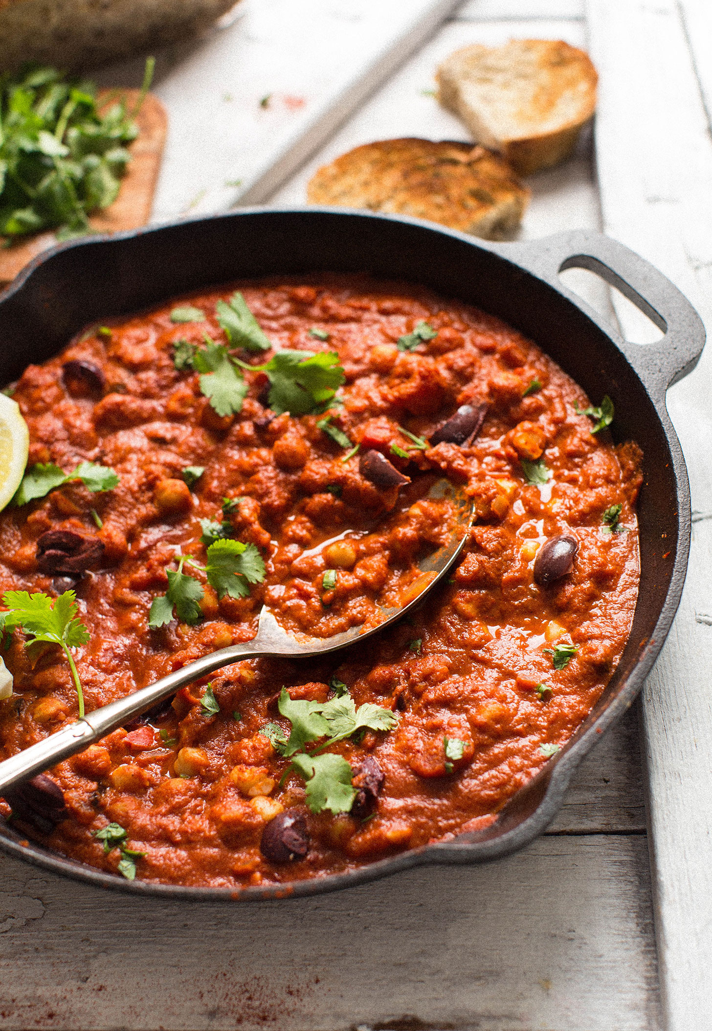 Skillet of Chickpea Shakshuka loaded with gluten-free plant-based protein