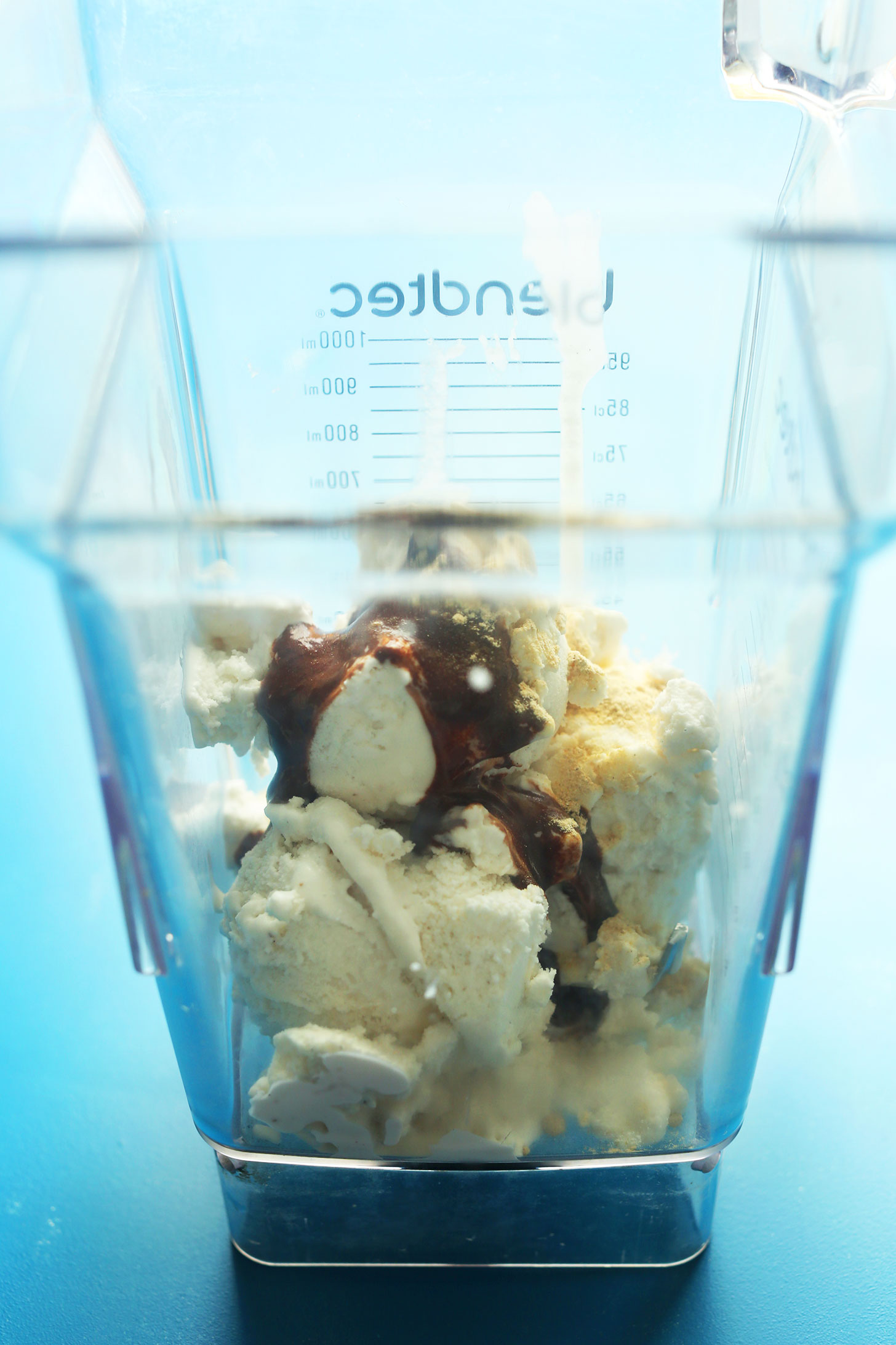 Blender with ingredients for making our 3-ingredient Vegan Chocolate Malt recipe