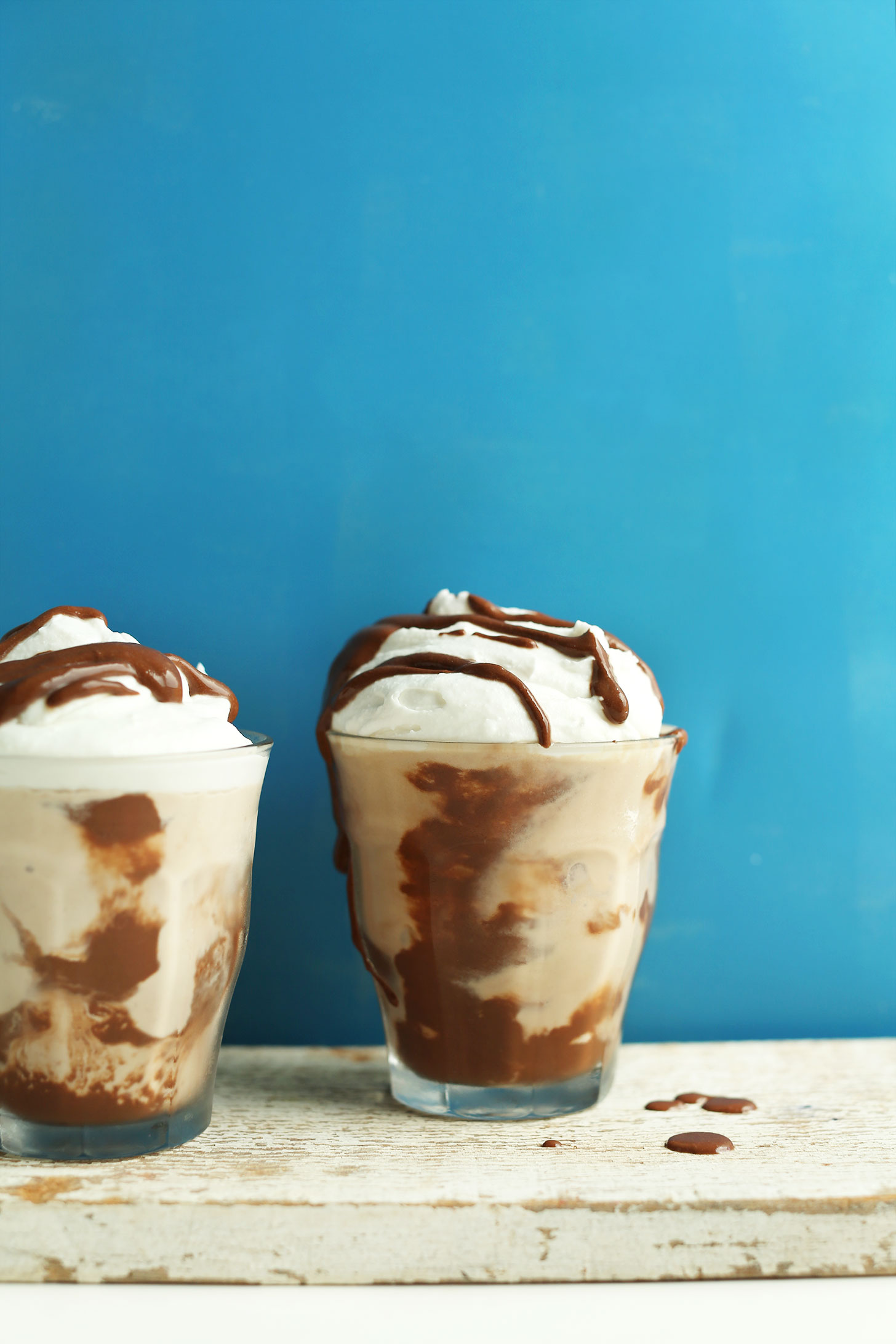 Two glasses of our 3-ingredient Vegan Chocolate Malt shake