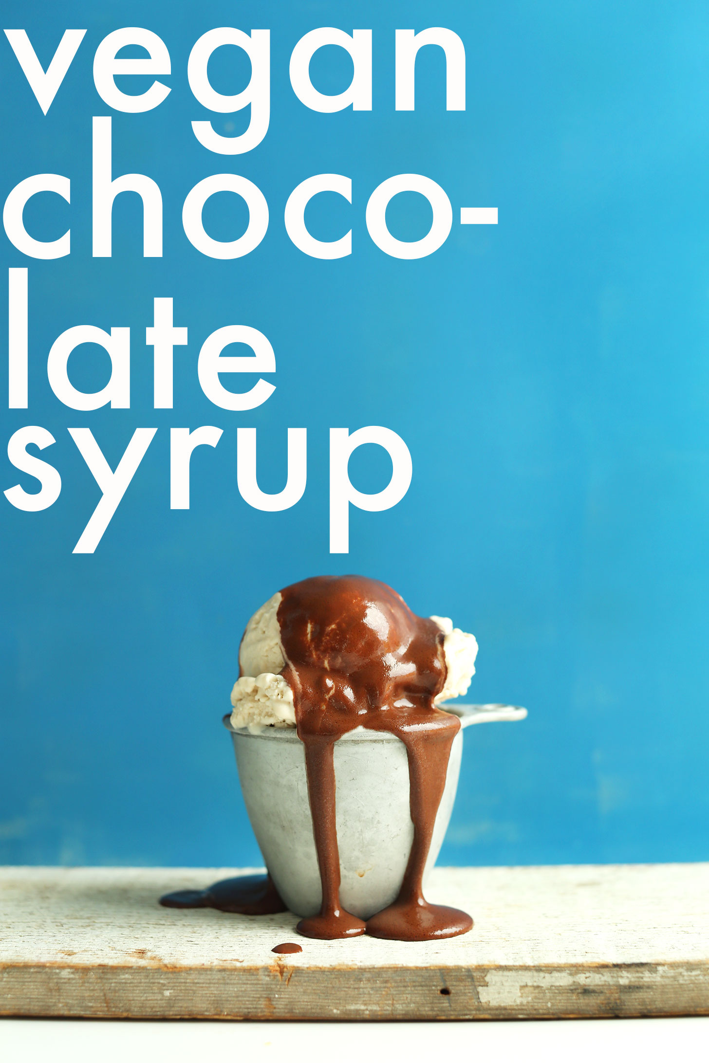 Our homemade vegan chocolate syrup drizzled over plant-based ice cream