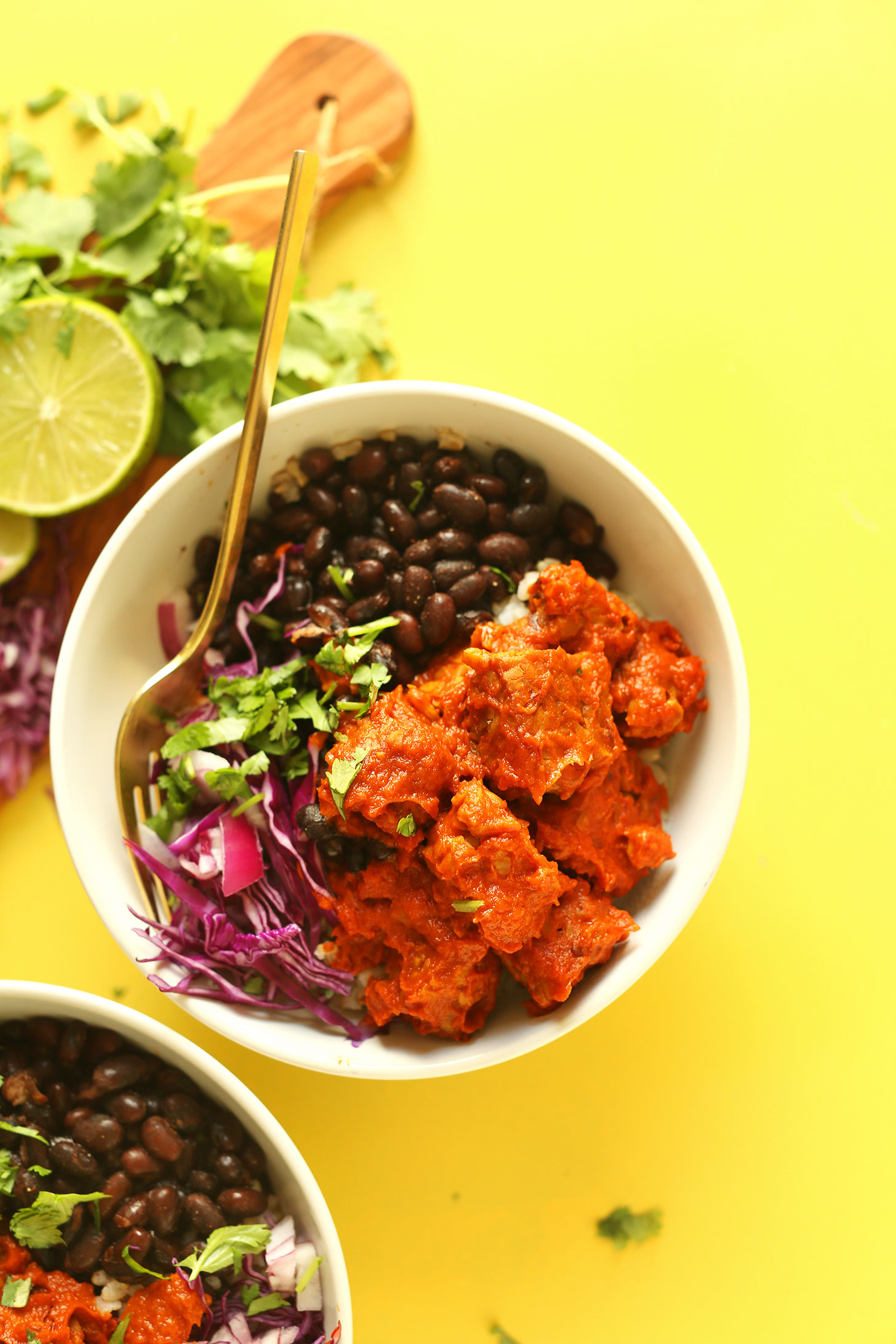 Two Smoky Tempeh Burrito Bowls for a plant-based mexican meal
