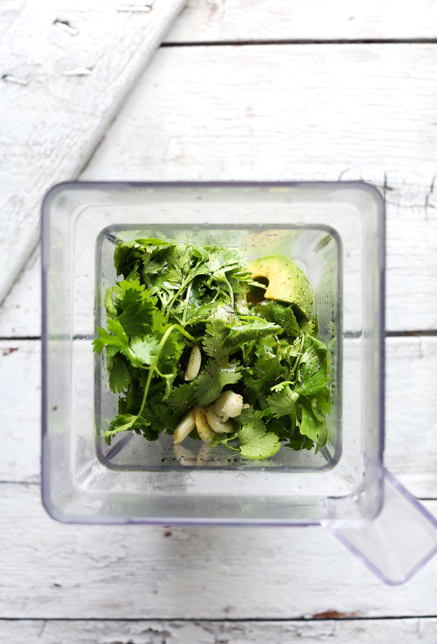 Blender with ingredients for our vegan Green Chutney