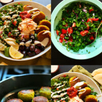 Photos of our ultimate mediterranean bowl recipe and the parsley-tomato salad and falafel used to make it