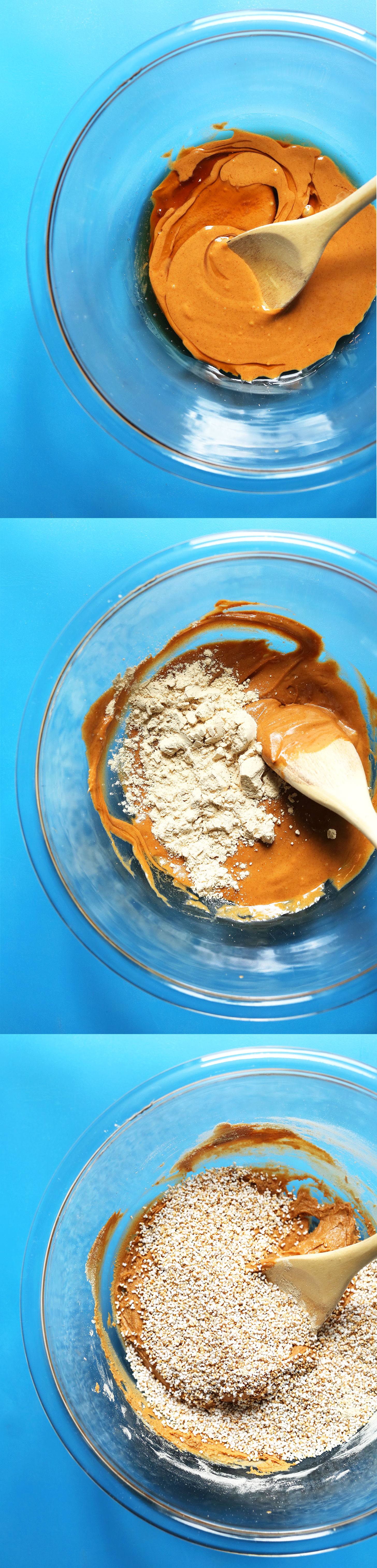 Series of photos mixing in the ingredients for our No Bake Vegan Protein Bars recipe