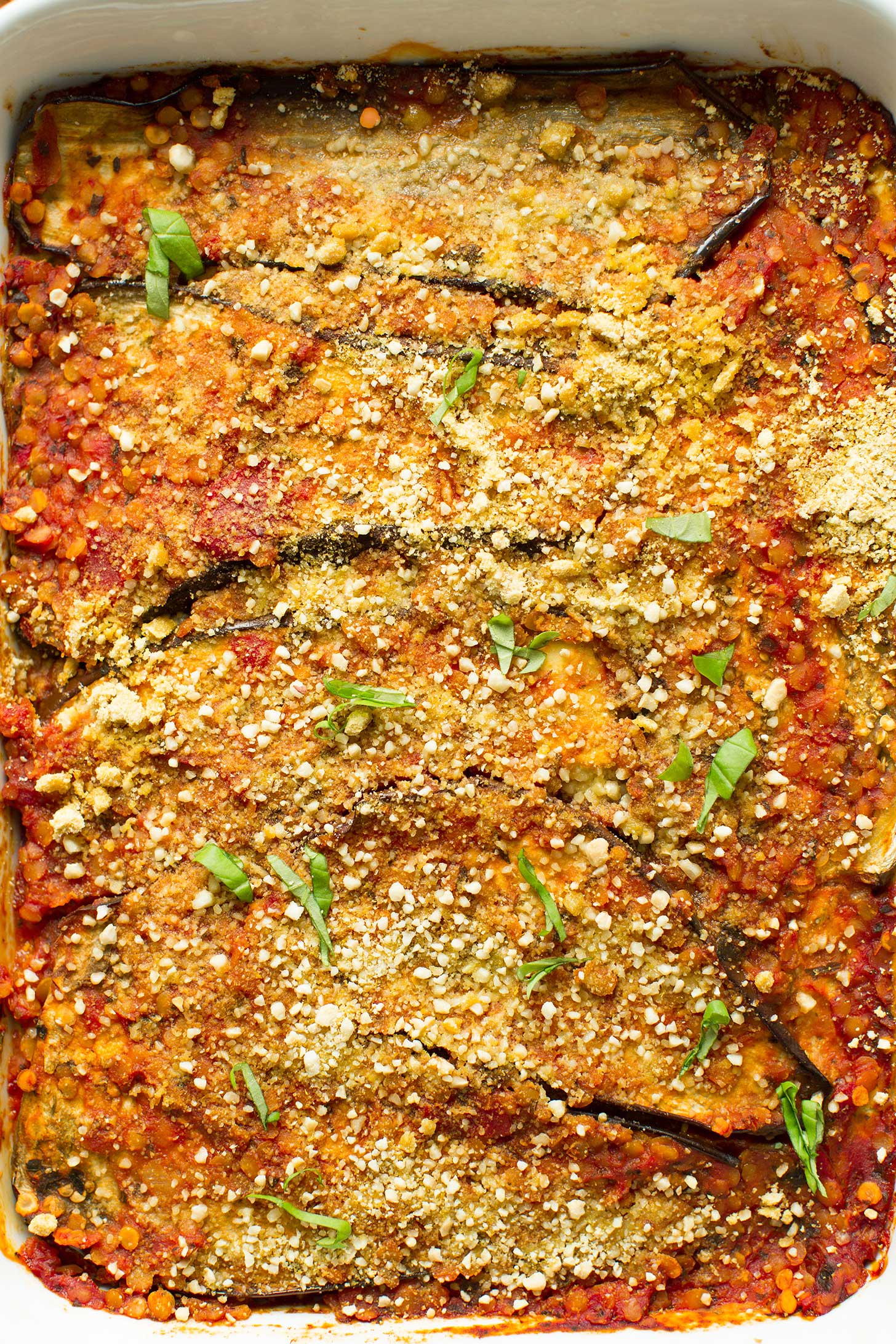 Freshly baked gluten-free vegan Eggplant Lasagna with Lentil Red Sauce