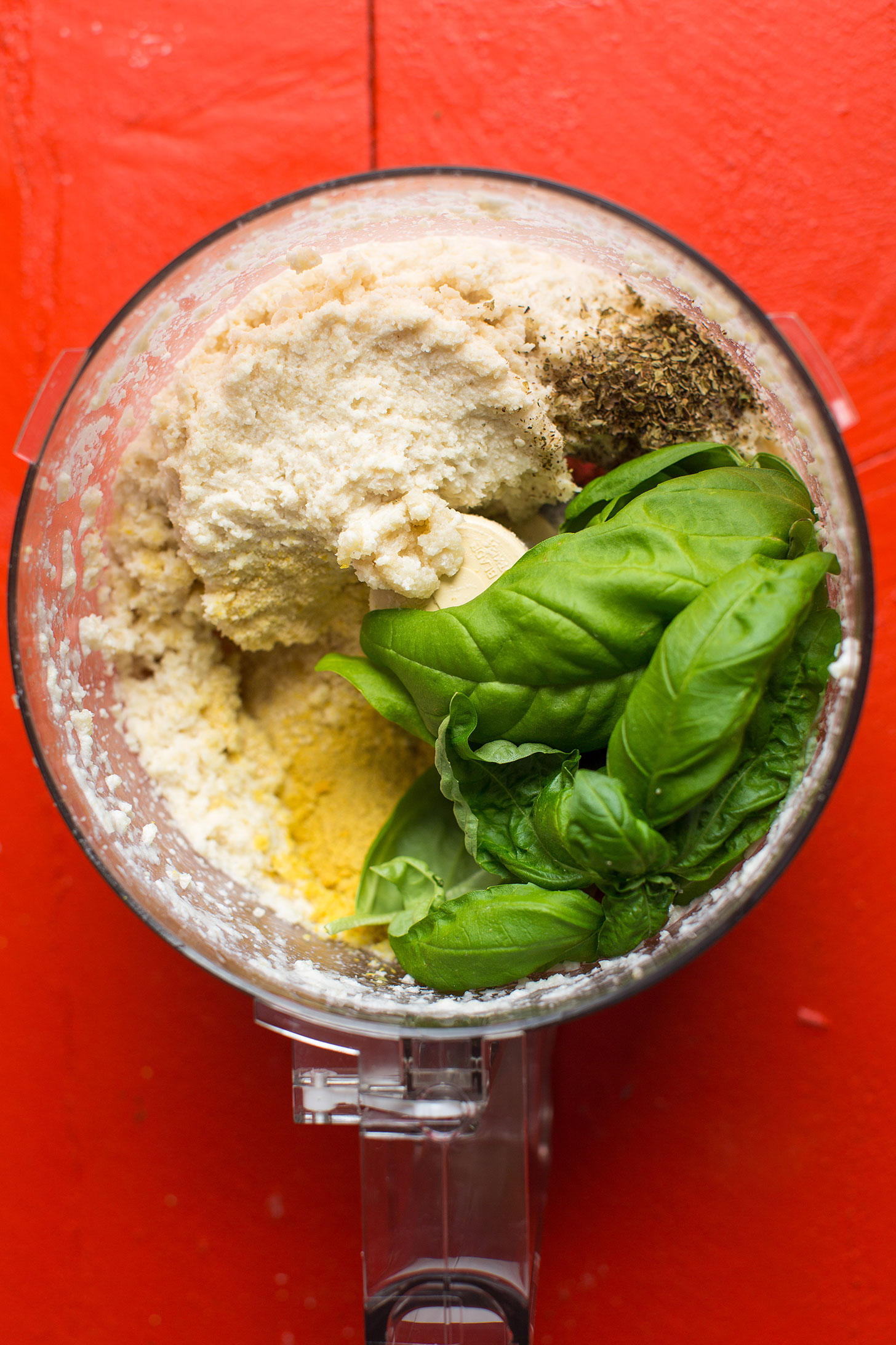 Food processor with ingredients for making our nut ricotta for vegan lasagna