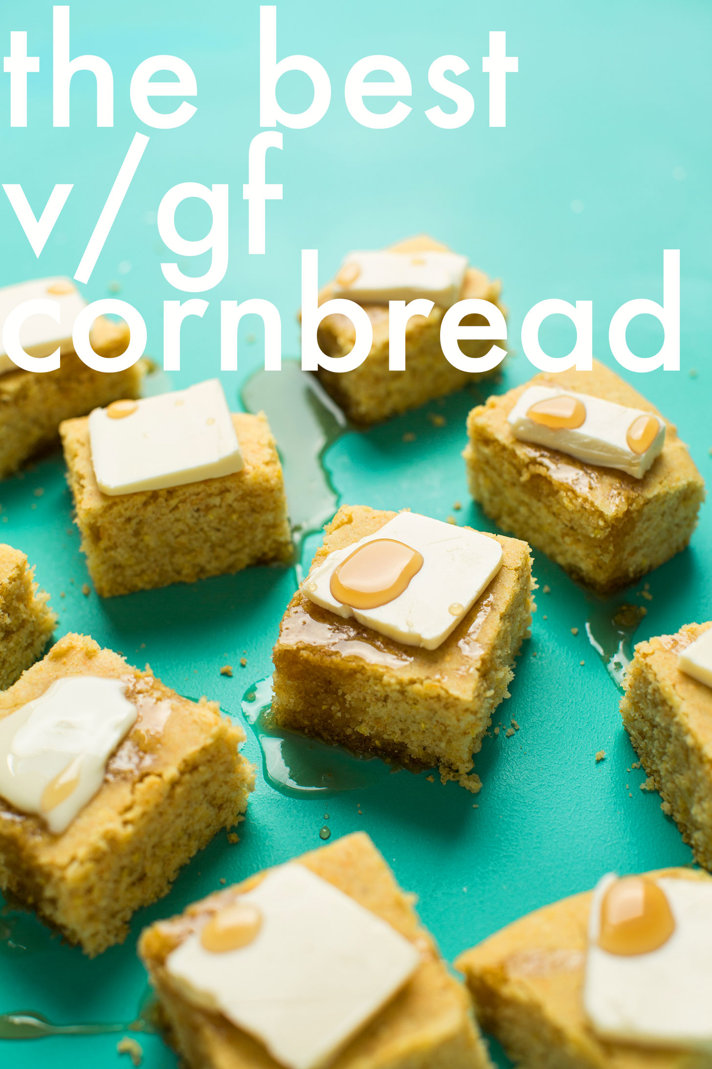 Squares of tender crumbly perfect cornbread for a gluten-free vegan fall dessert