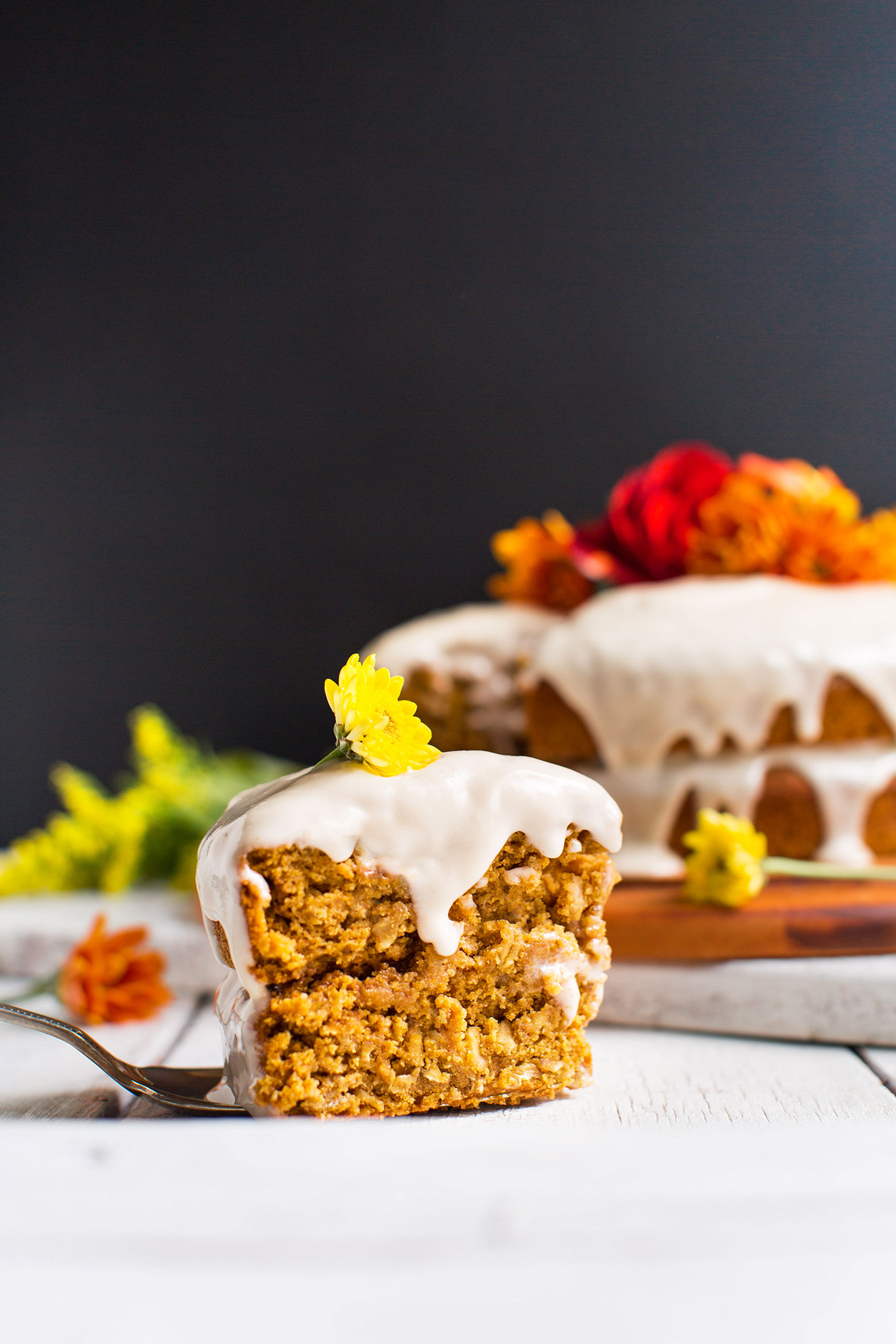 A slice of tender and flavorful Pumpkin Cake for a fall dessert recipe