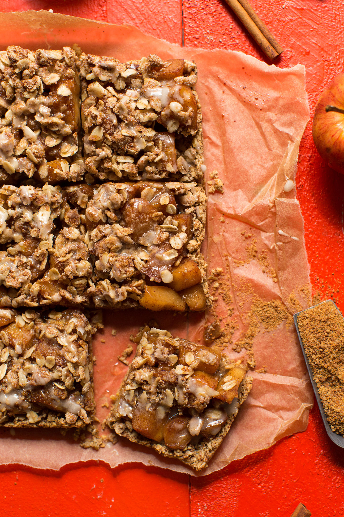 Square of Apple Pie Crumble Bar cut from the rest of the batch