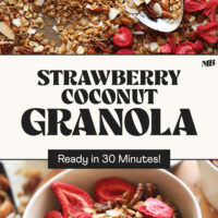 Sheet pan and bowl of our Strawberry Coconut Granola with text that says ready in 30 minutes